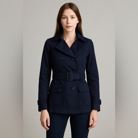 Forever 21 F21 Navy Blue Short Trench Raincoat Jacket w Belt, Size Small - Picture 1 of 10